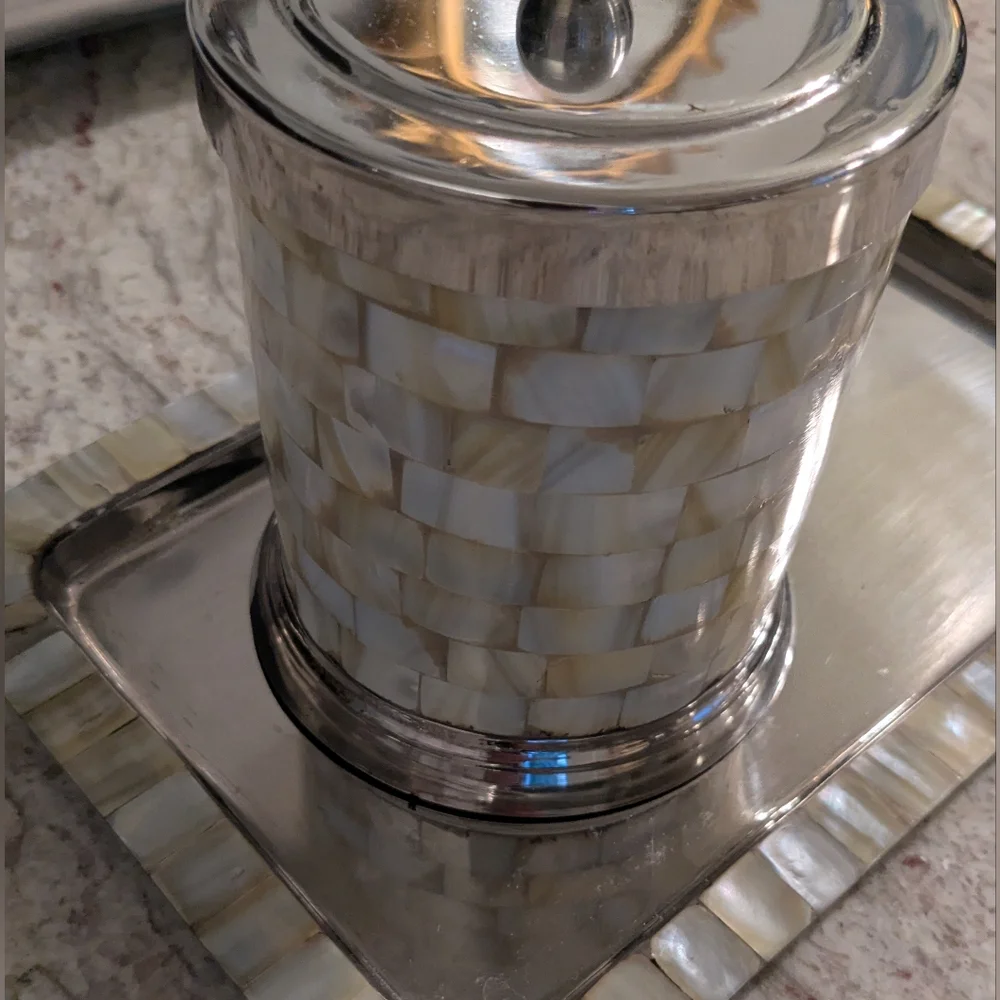 Pier One 2 Pc Mother Of Pearl Chrome Shiny Bath Accessories Lidded Canister Tray